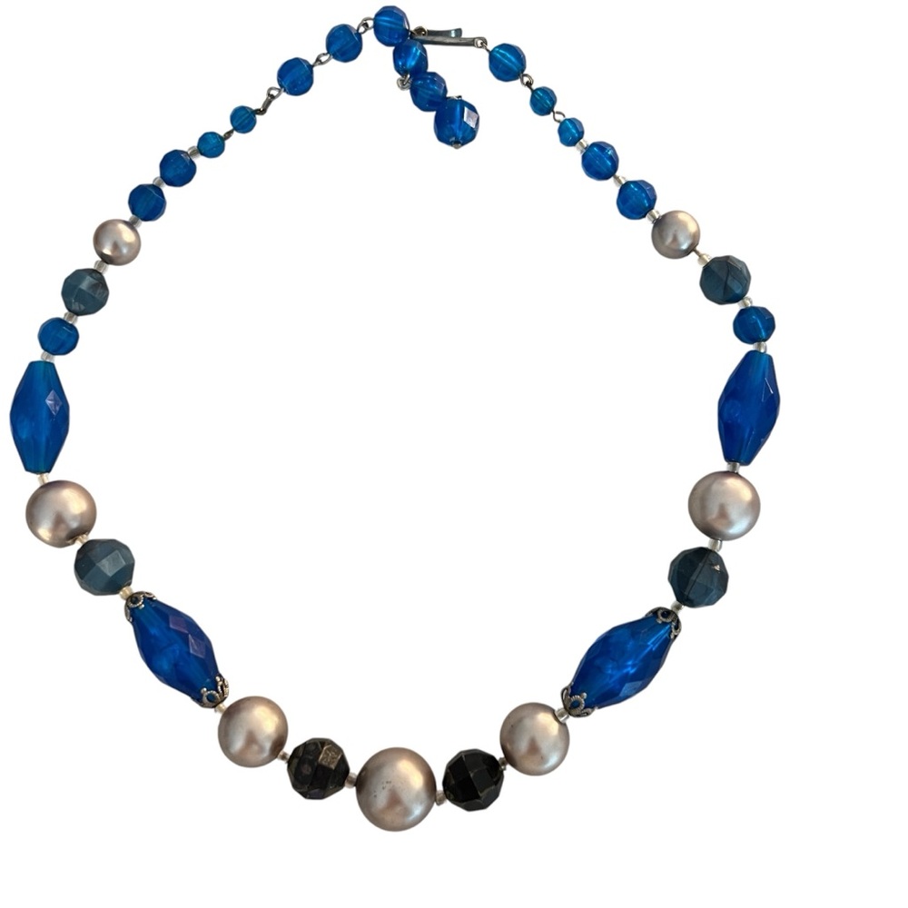 VINTAGE CHOKER 50s large oyster color faux pearls royal blue-faceted beads